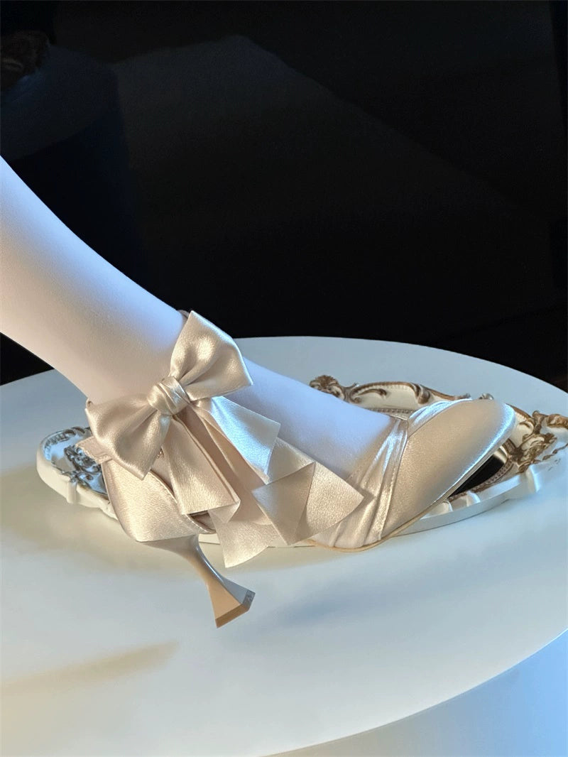 MR.Qiutian~Coronation~Elegant Lolita Shoes Satin Heels With Rose Buckle & Bow Clip (Champagne / 34 35 36 37 38 39 40) 43252:772810