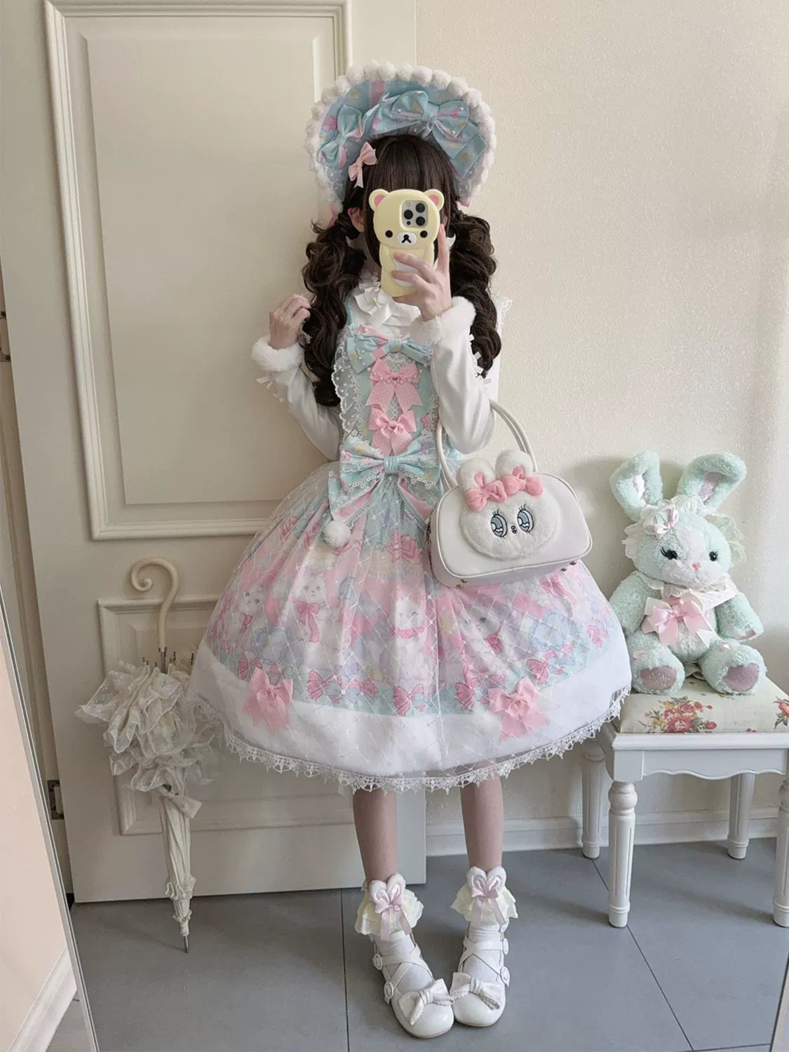 Hanguliang - Candy Mary Cat - Fluffy Sweet Lolita JSK Dress, Kitten Print Green JSK Only S