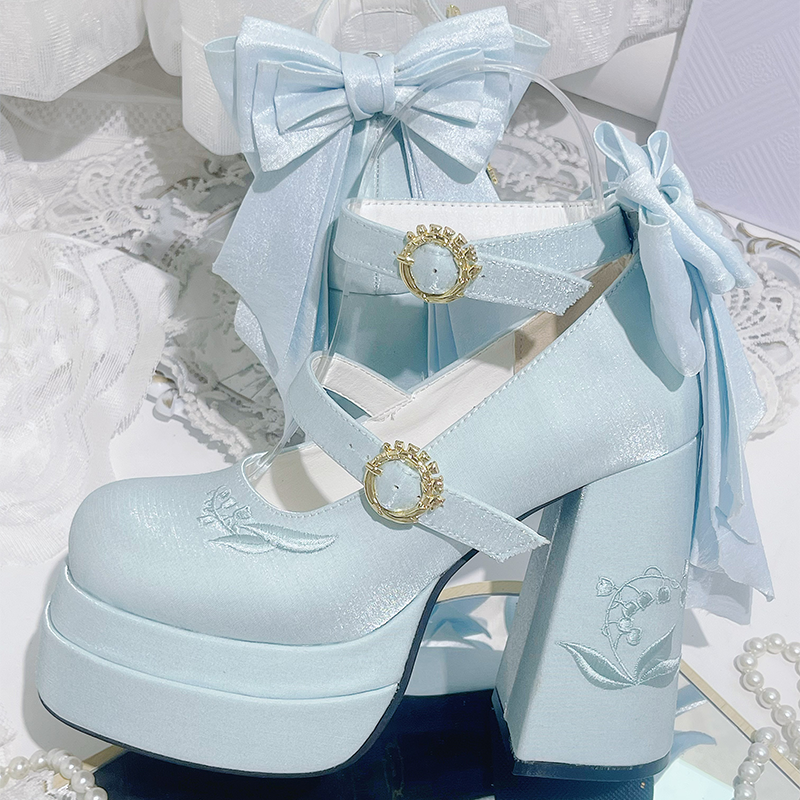 Dreamland - Floating Dream Lily - Elegant Lolita High Heel Shoes, Detachable Bow 34 Light Blue