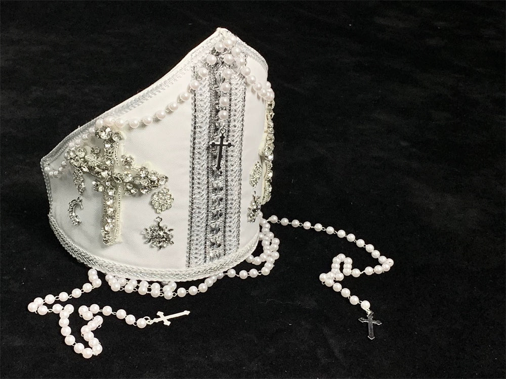 LeMiroir - Moonlit Prayer - Nun Lolita Crown, Elastic Headscarf Milky White and Silver Crown