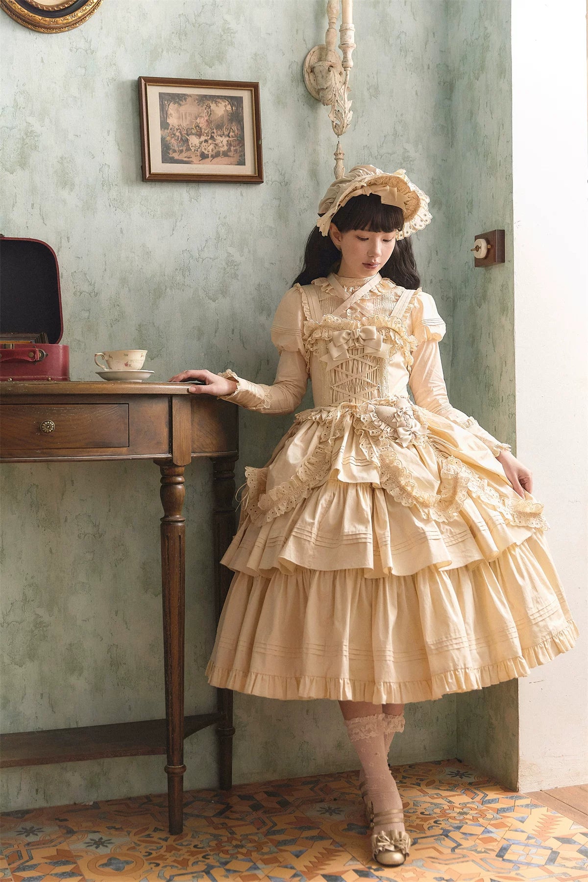 Cotton Gothic Lolita Long JSK, Drawn-up Hem (Beige / L M S) 45213:841059