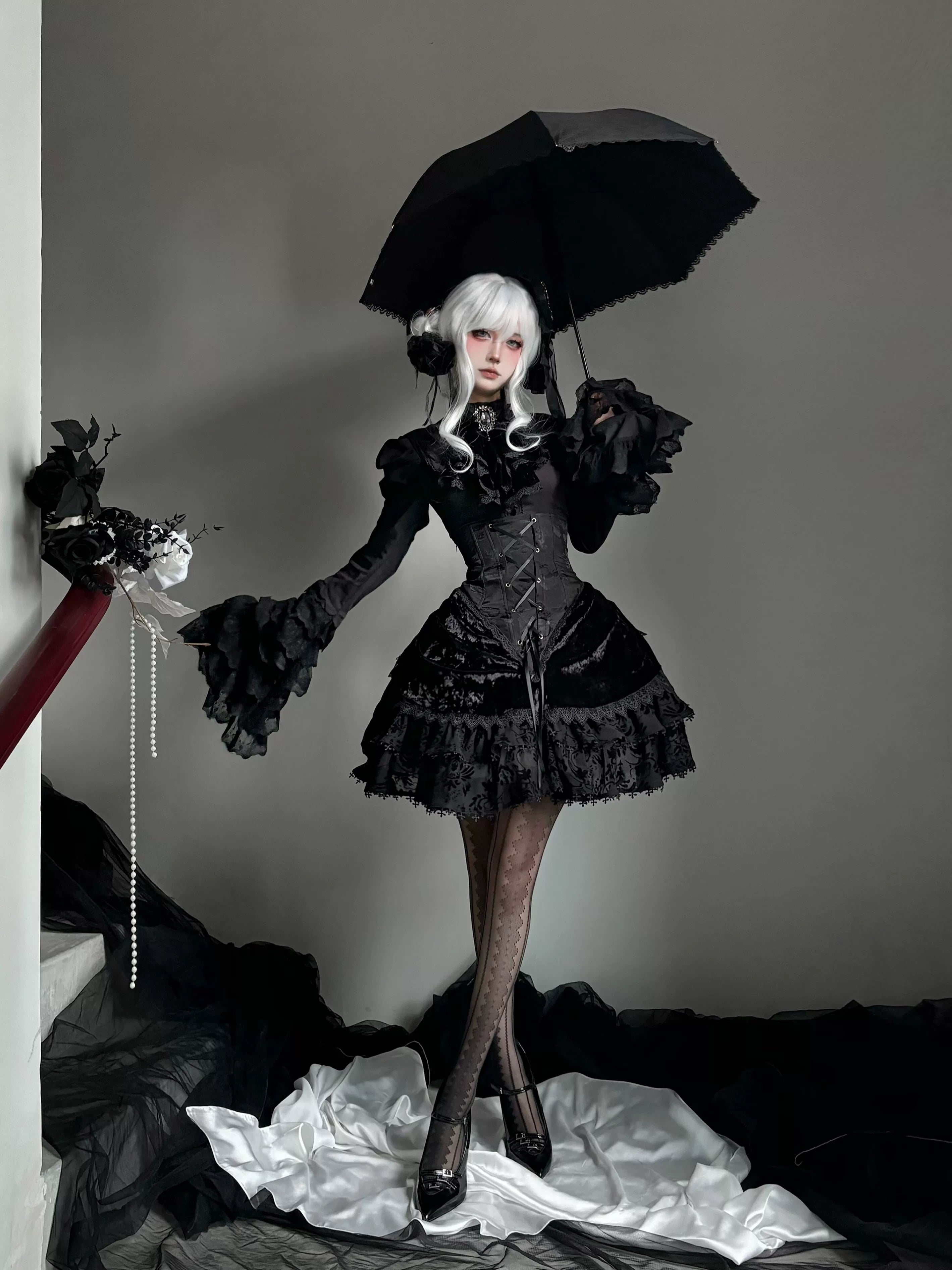 Twilight Hour - Gothic Lolita Hime-sleeve Blouse & Corset Skirt Set 45373:845820