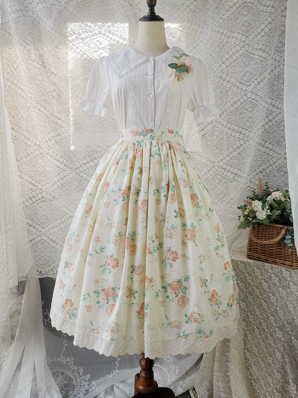 Miss Point - Customized Vintage Sweet Elegant Rose Skirt XS orange pink rose