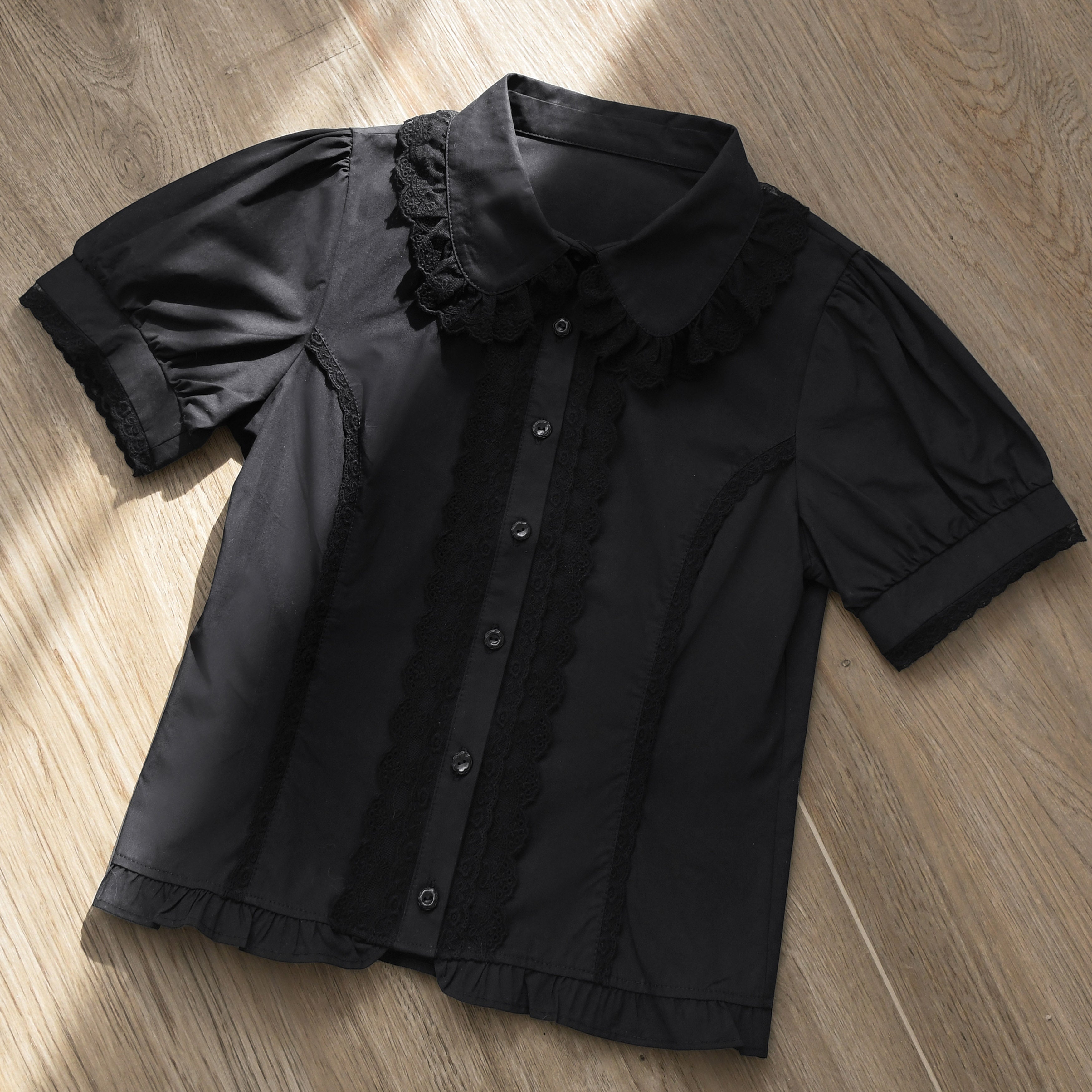 MIST - Lily - Cotton Retro Lolita Blouse with Lace Ruffles and Short Sleeve Black S