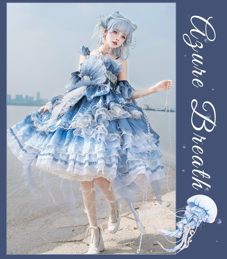 YingLuoFu - Blue Breath Jellyfish - Classic Lolita Jumper Dress, Side Zipper