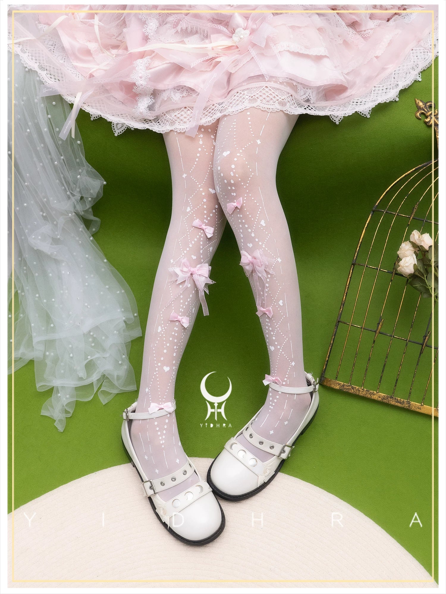 Soft Mood - Sweet Lolita Argyle Print Tights with Pink Bows 20D - White