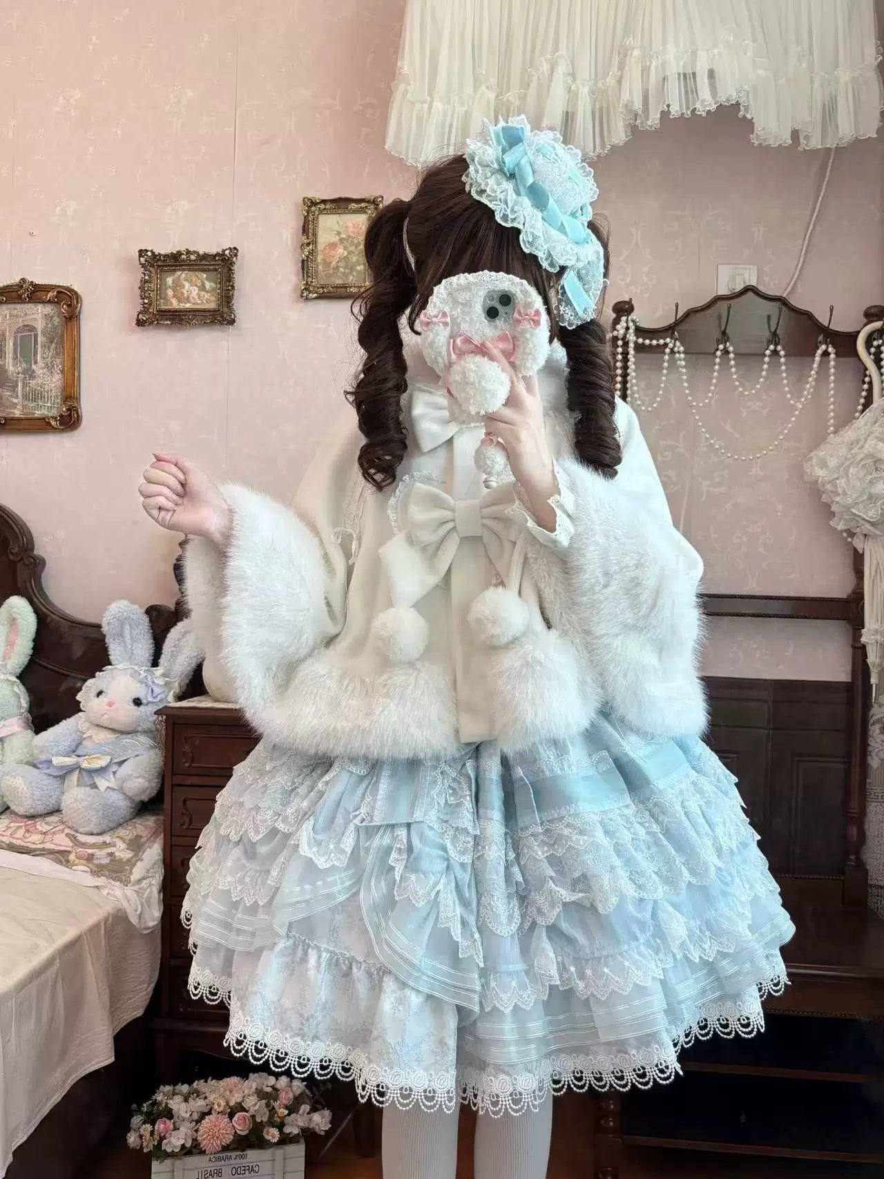 Small Snowball - Sweet Lolita Faux Fur Cape Coat, Pom-pom & Bow 45920:868028