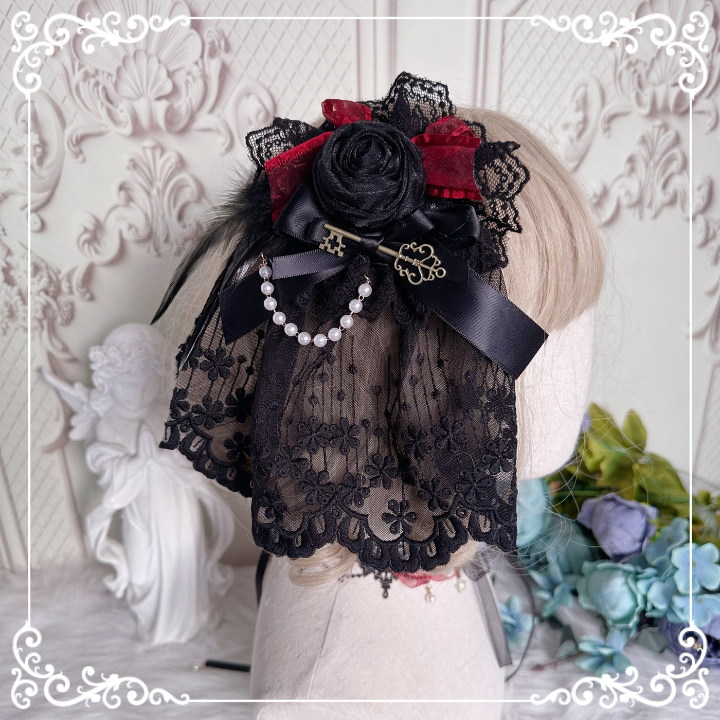 Chestnut Lolita~Gothic Lolita accessory Handmade Hairband black rose veil flower  