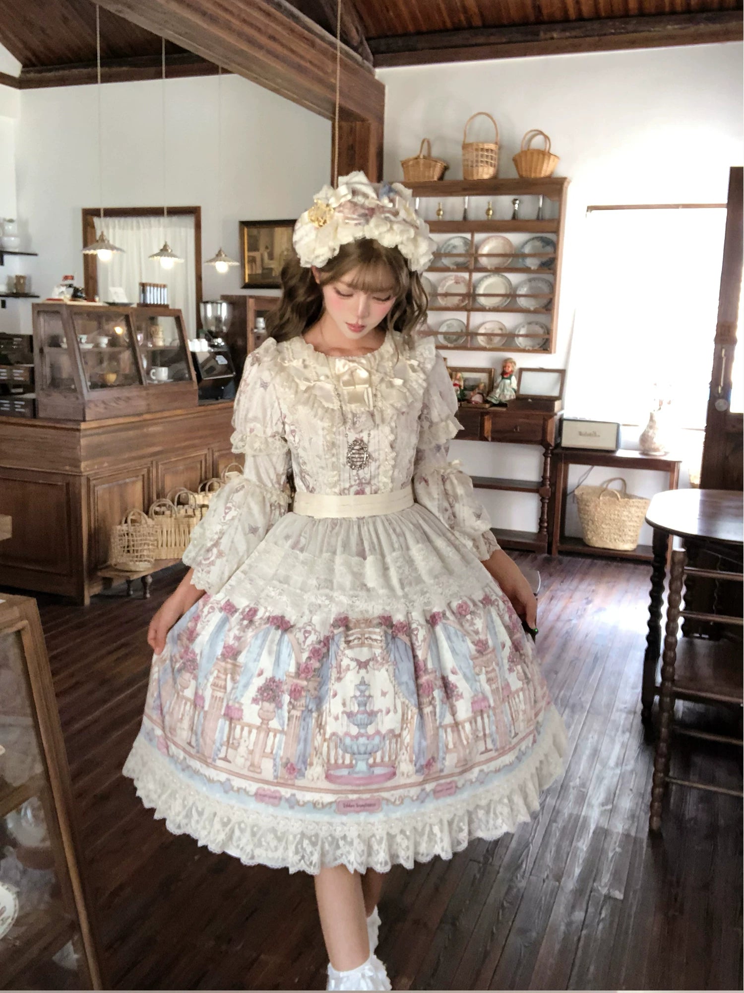 Wandering Rabbit's Palace - Doll-like Classic Lolita Palace Print OP Dress with Lace