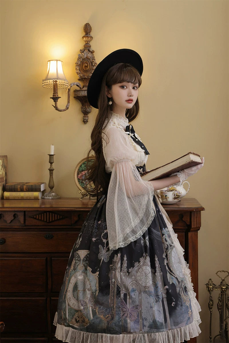 Clock Butterfly - Gothic Lolita Printed Blouse and Corset Skirt Set