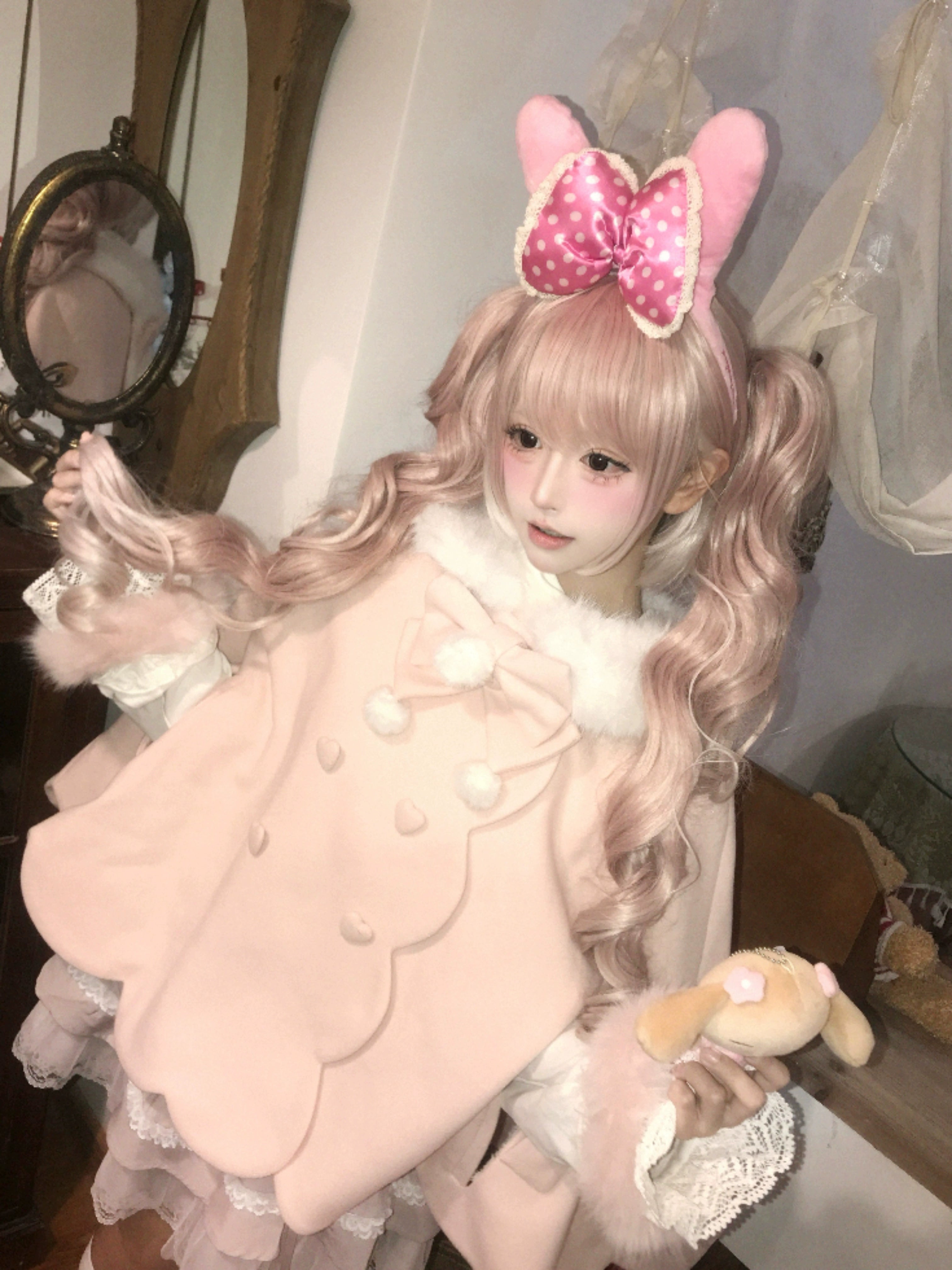 Jiuniangtutao - Sweet Wine Bunny - Scalloped Sweet Lolita Cape, Bunny Ears (Pink) 44358:805298