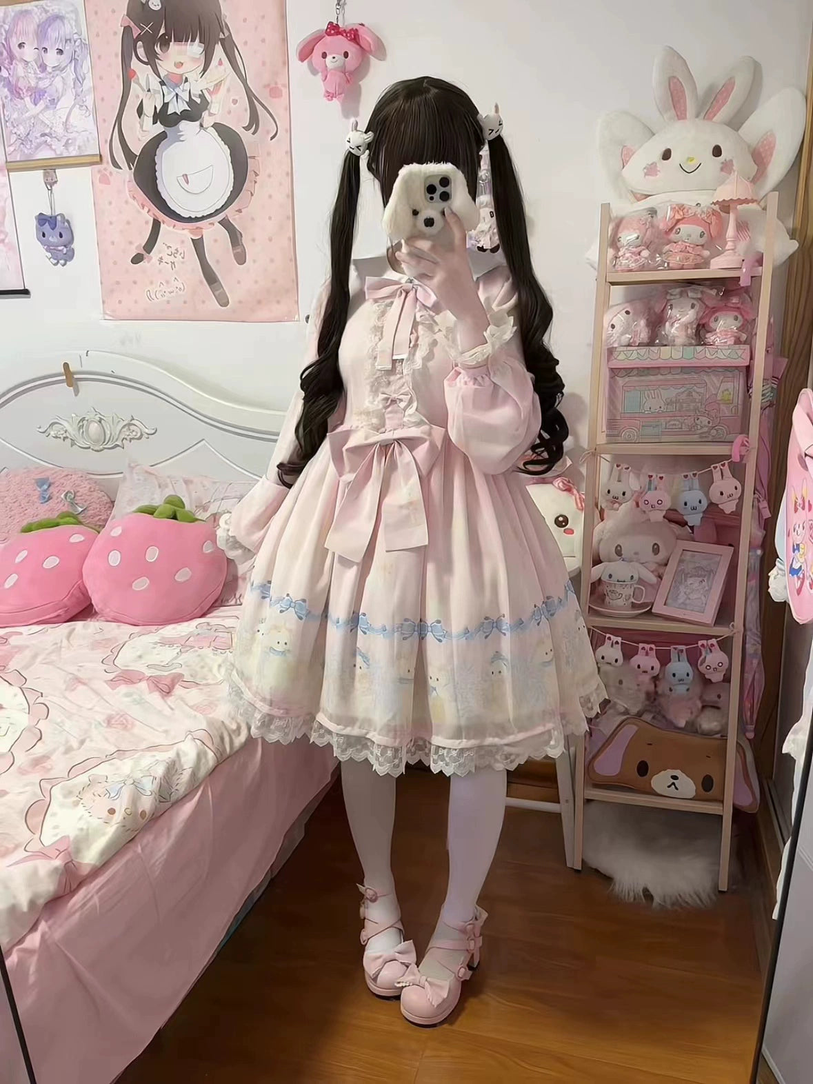 Strawberry Cake - Snow Bunny Symphony - Sweet Lolita OP Dress, Bunny & Snow Print Pink OP S