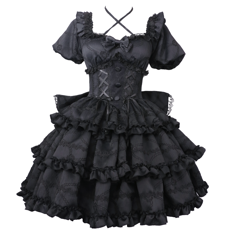 OCELOT - Puff Rose - Sweet Lolita OP Princess Bow Trailing Lolita Dress Night Sky (OP with large back bow) S