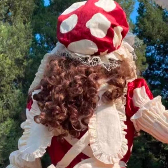 Sakurahime - Mushroom - Kawaii Lolita OP Dress with Apron and Detachable Sleeves Mushroom rabbit ear cap S