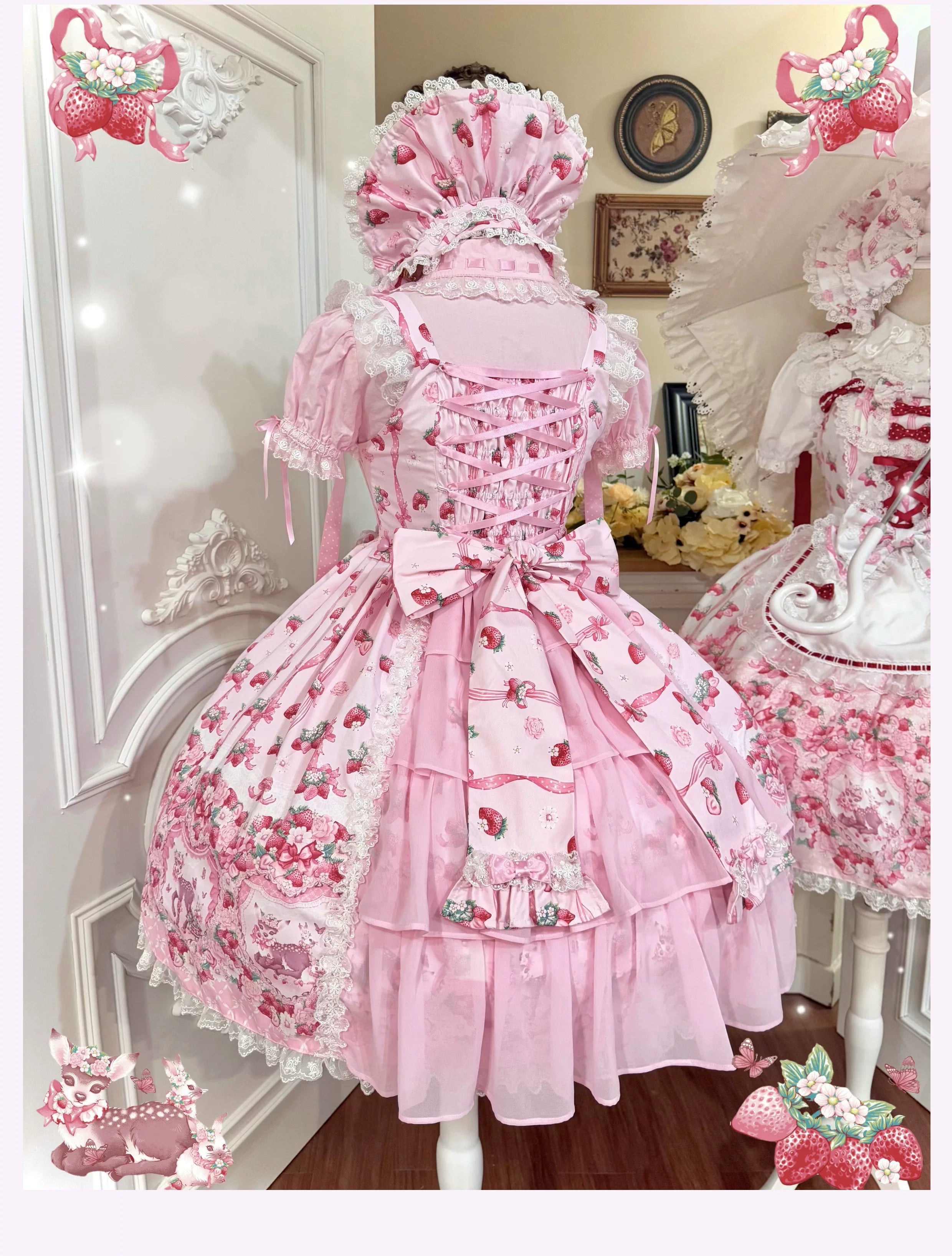 Deer Strawberry Garden - Old School Lolita Deer & Strawberry Printed JSK Dress 45681:860577