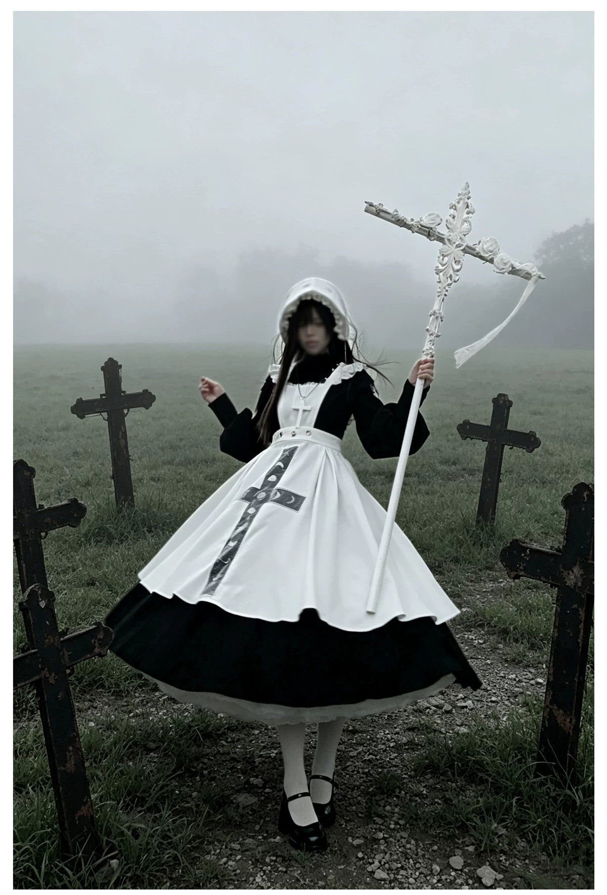 Moon Phase - Gothic Lolita OP Dress Set, Detachable Cross-Shaped Apron 46035:873385
