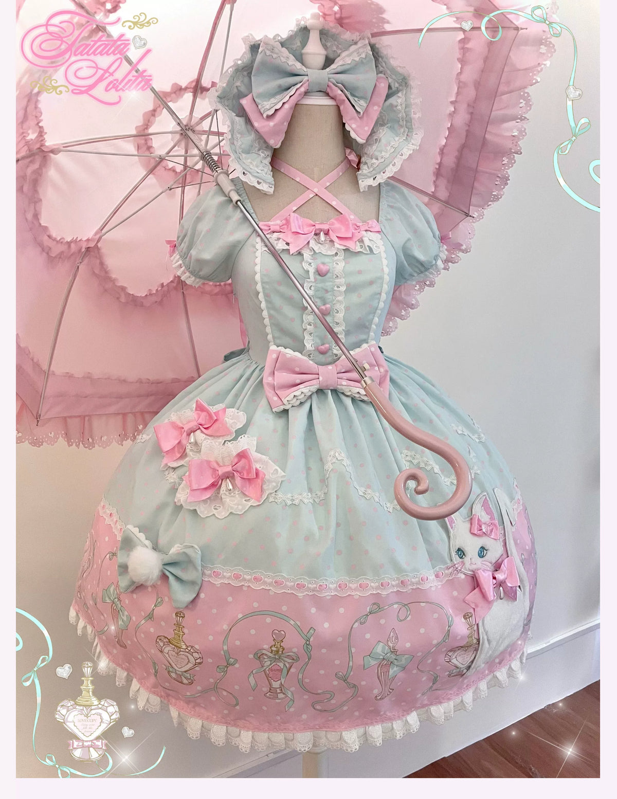 Perfume Kitty - Cotton Old School Lolita OP Dress, Perfume Print & Cat Patch 46037:873505