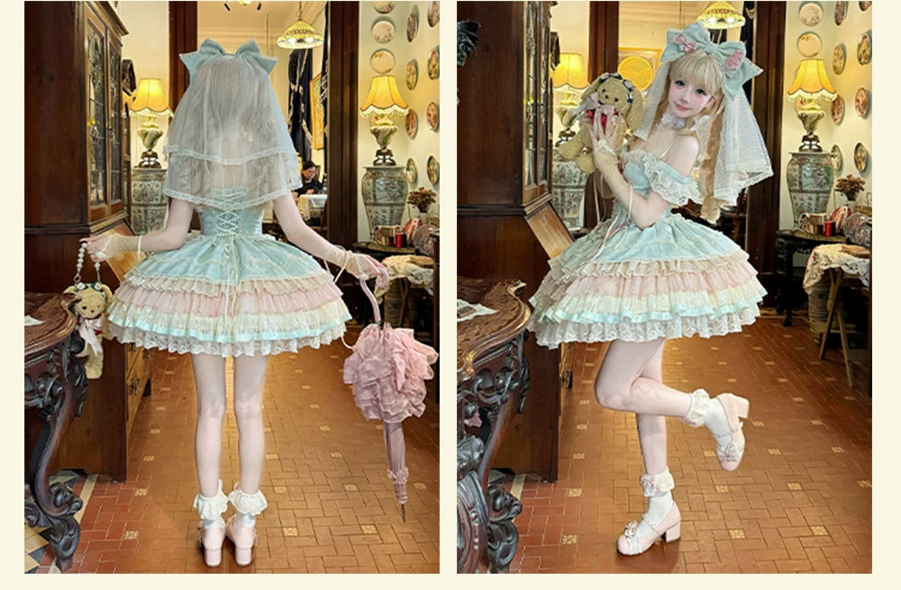 Lotus Crossing - Sweet Lolita Tiered Hem JSK Dress with Satin Bow 45302:844756