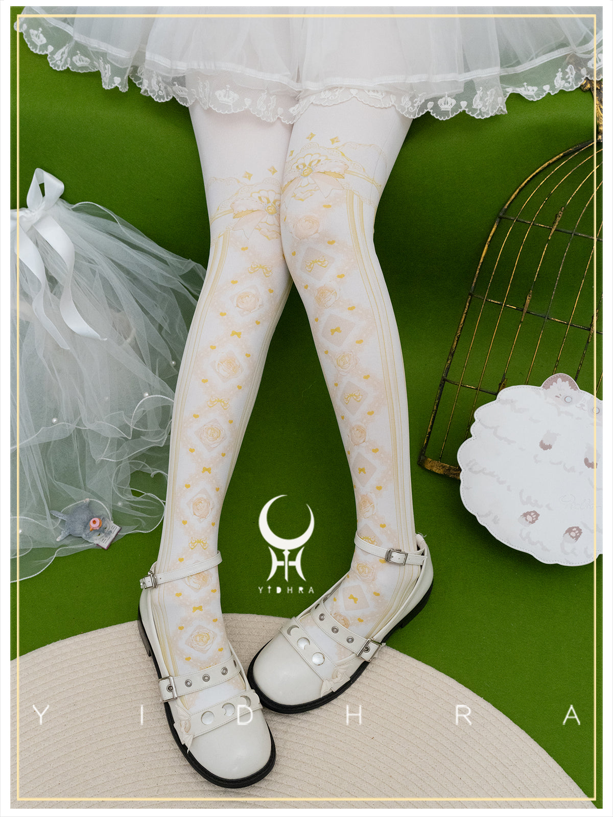 Yidhra~Sweet Entanglement~Gothic Lolita Pantyhose with Floral Prints (Yellow) 42296:735607