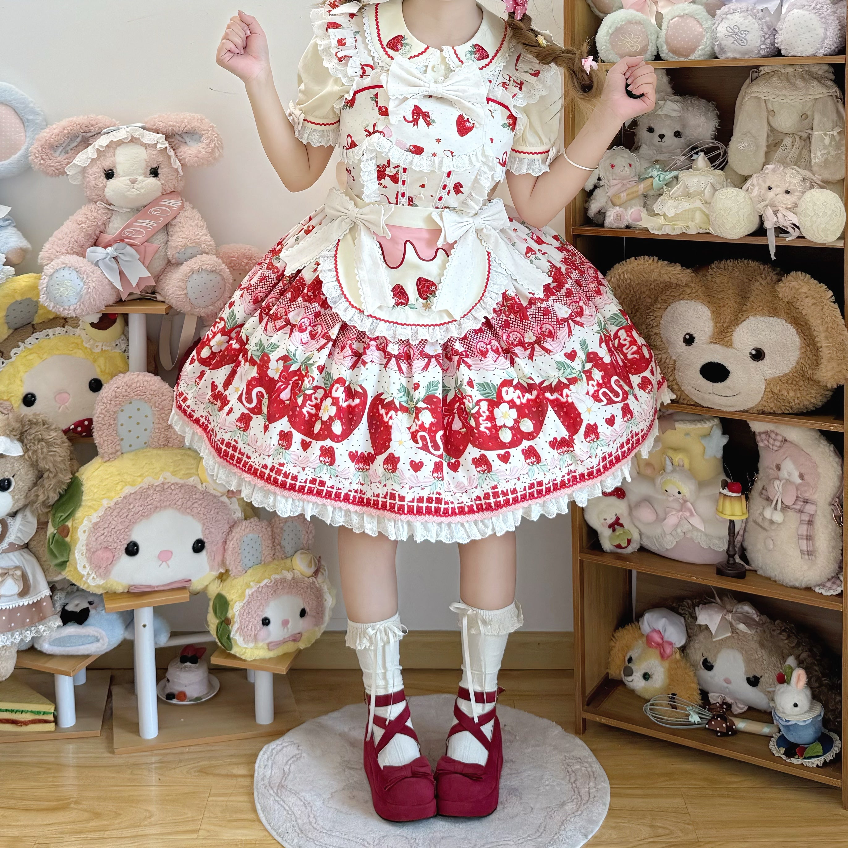 Berry Sweet Dream - Plus Size Sweet Lolita JSK and OP Dress, Strawberry Print (Ivory / 2XL 3XL L M S XL) 45378:850950