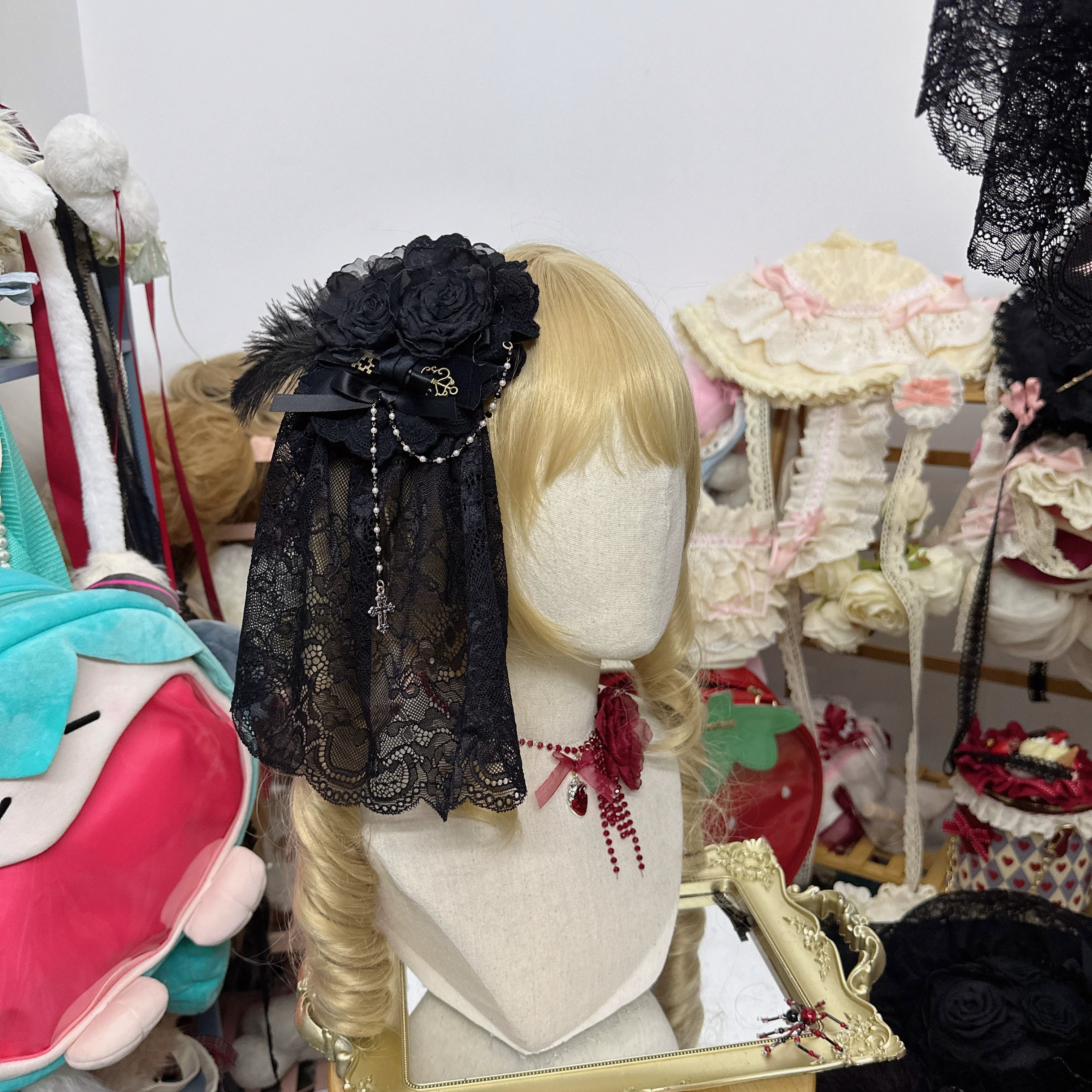 Chestnut Lolita - Gothic Lolita Hat Widow Hat Black Headdress Hair clip with head veil and flower