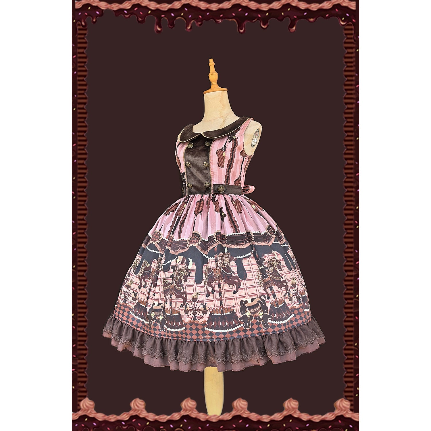 Chocolate Carousel - Peter Pan Collar Old School Lolita JSK Dress, Carousel Print Pink JSK Only S