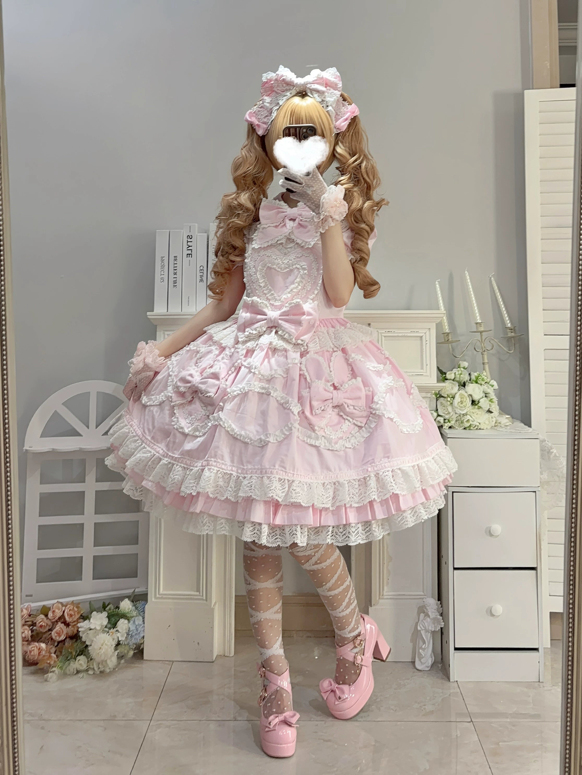 Creamy Sweet Bunny - Cotton Old School Lolita Bunny Ear OP Dress with Bows Pink OP Only S