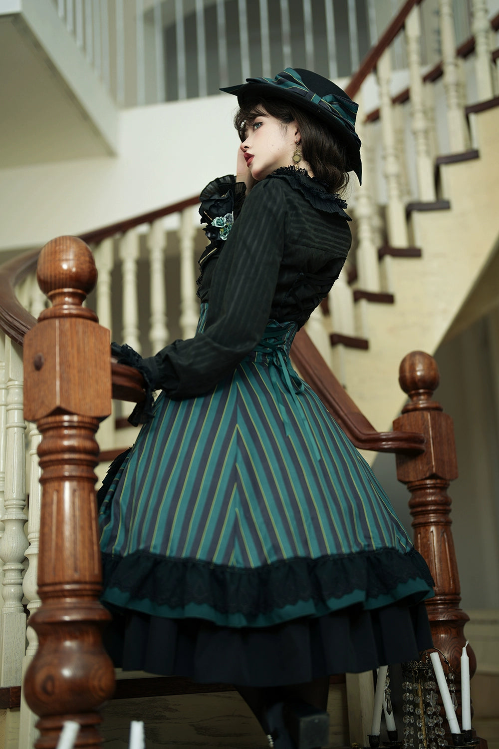 Miss Point - Customized Lolita Elegant Striped High Waisted Fishbone SK