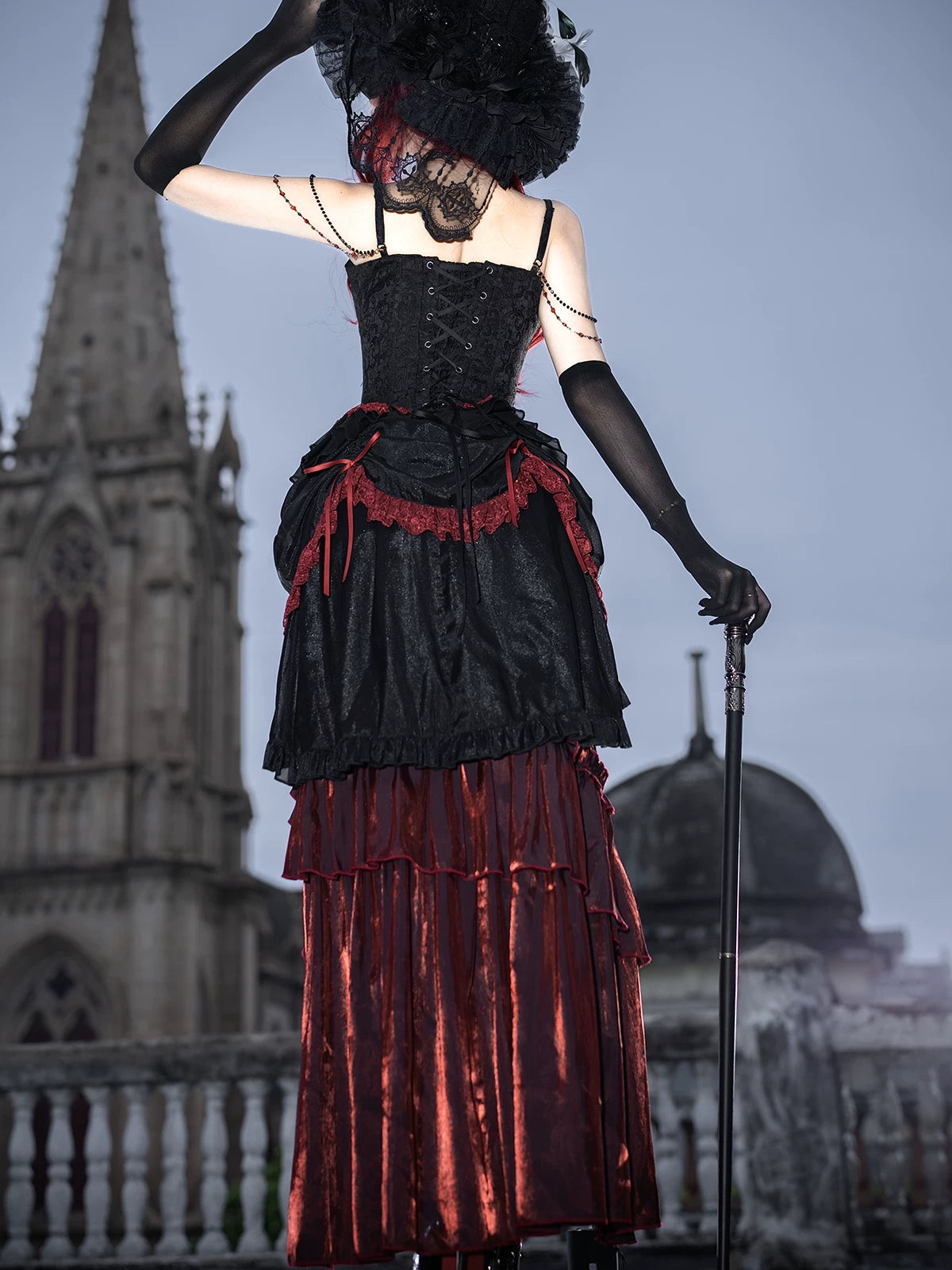 Bone Rot Bloom - Gothic Lolita Embroidered Camisole & Drawstring Lift-up Hem Skirt 45593:854836