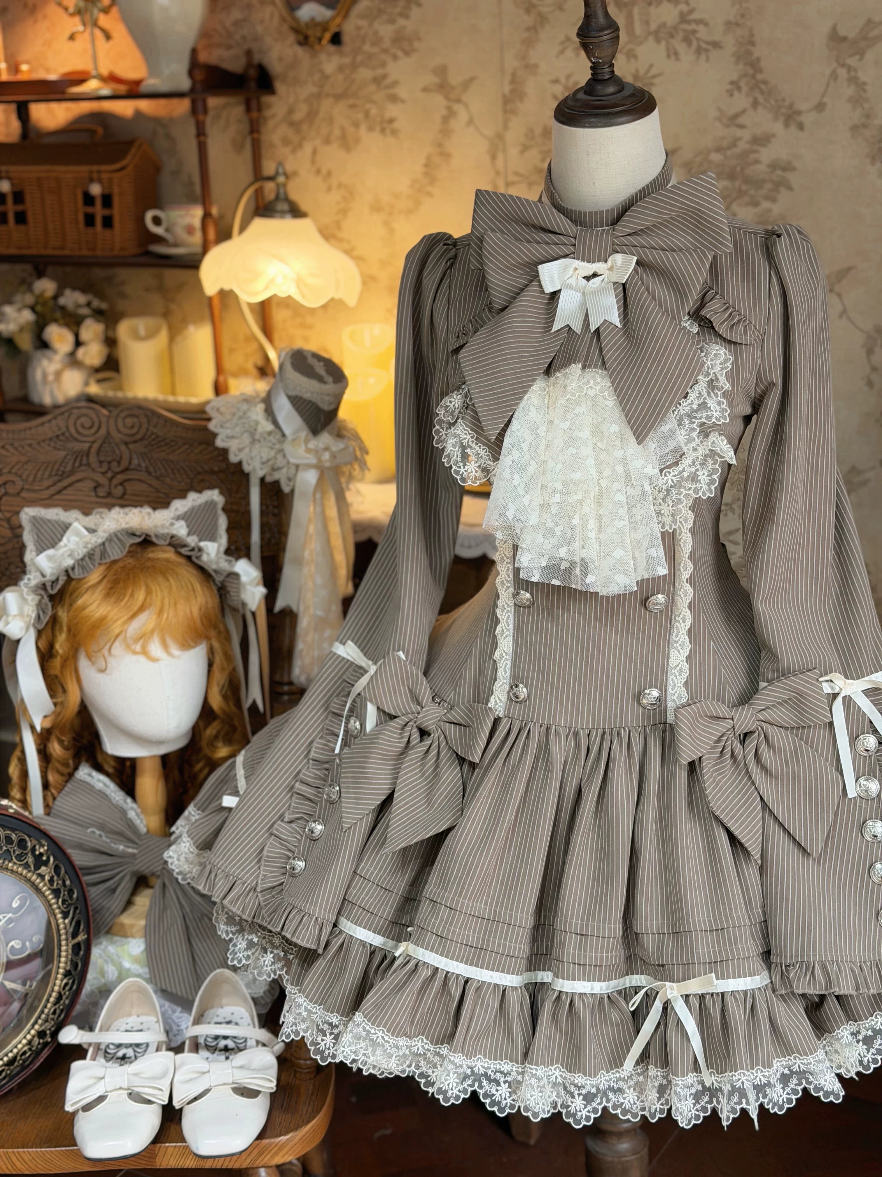 Phantom Kitty - Old School Lolita Low Waist OP Dress, Lace & Bow (2XL L M S XL XS) 45119:836193