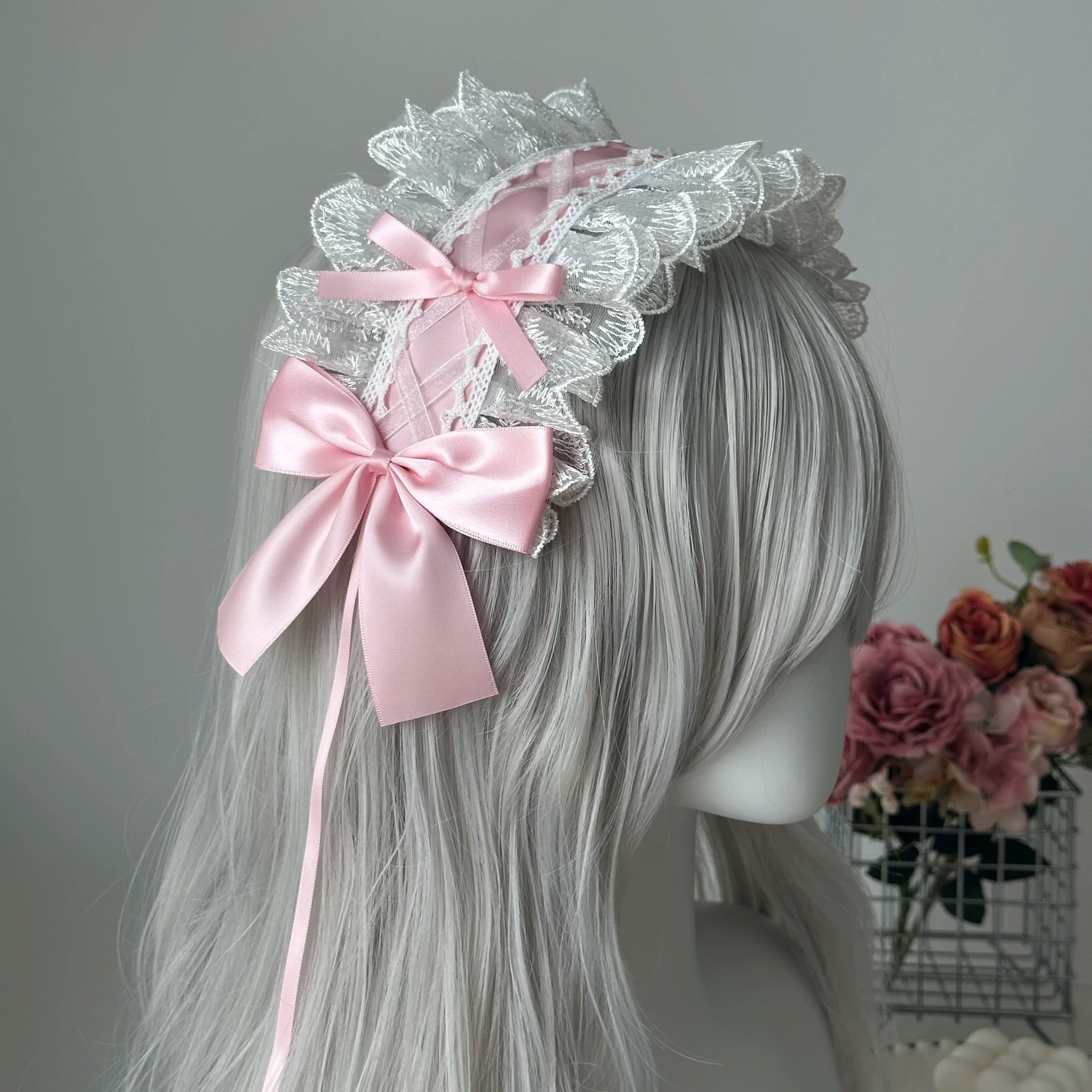 Sweet Lolita Lace Headbands, Ribbon & Bow White lace with sakura pink bow headband