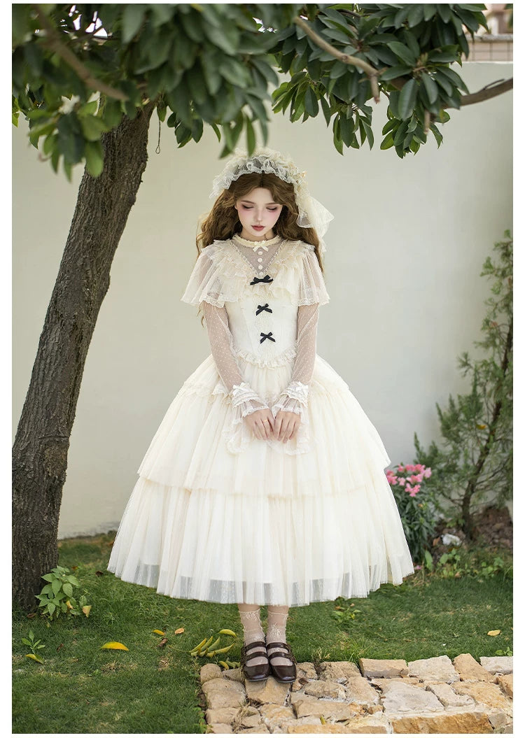 White Mist Promise - Classic Lolita Corset OP Set, Edwardian Collar & Tiered Hem 45173:838333