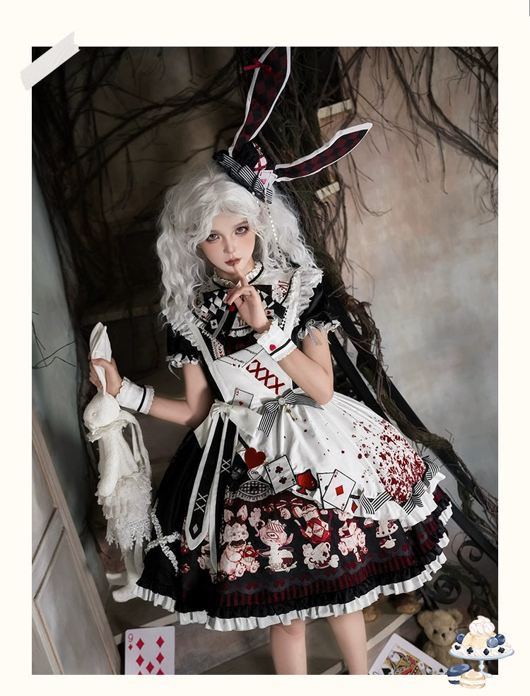 YingLuoFu - Alice - Kawaii Lolita OP Dress, Rabbit & Playing Card Motifs