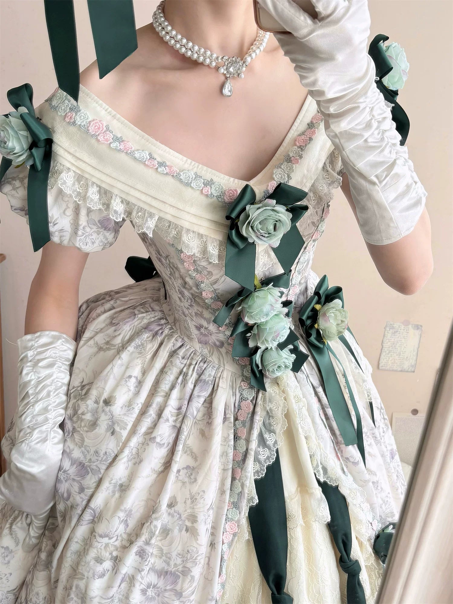 Dolota Flower Wall - Classic Lolita Floral OP Dress, Open Shoulder 44485:811125