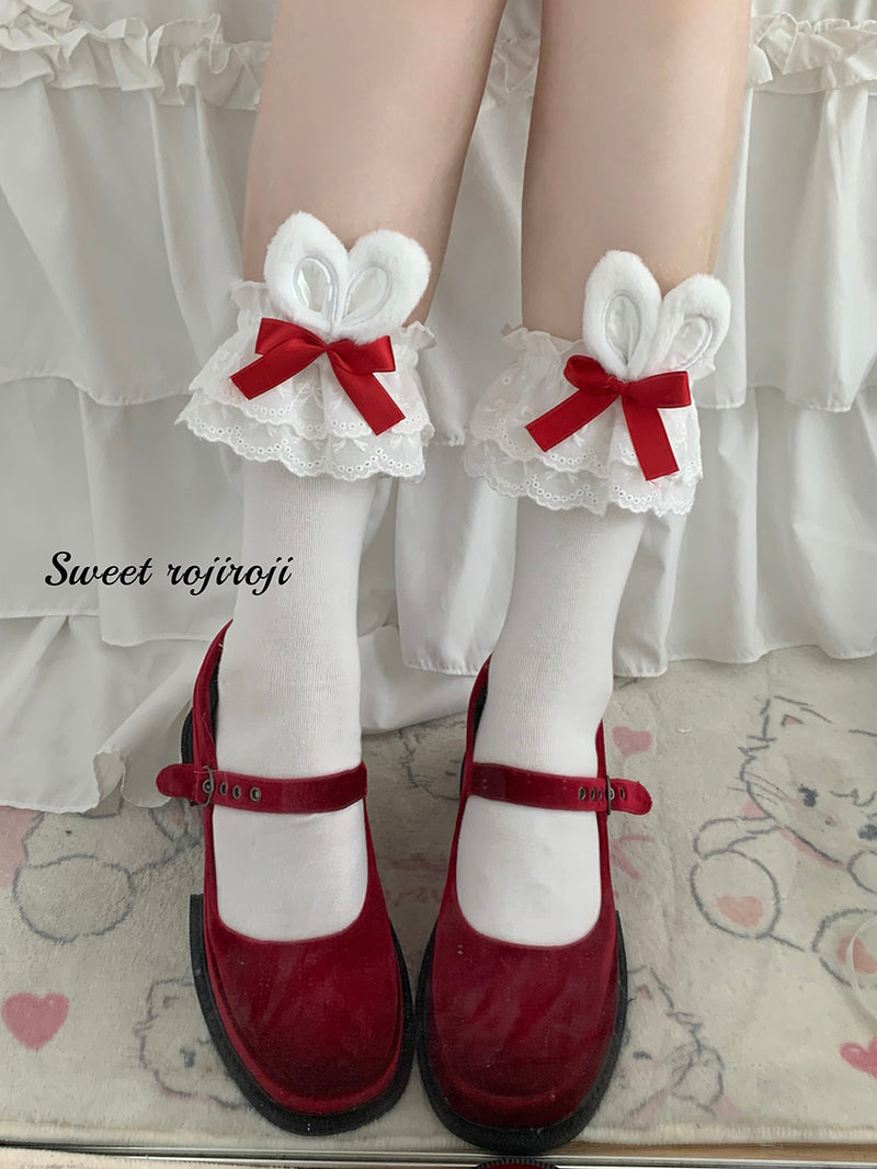 Roji roji - Cotton Lolita Bunny Ear Socks Summer Bow Short Socks Short socks (about 34cm) white ear with red bow