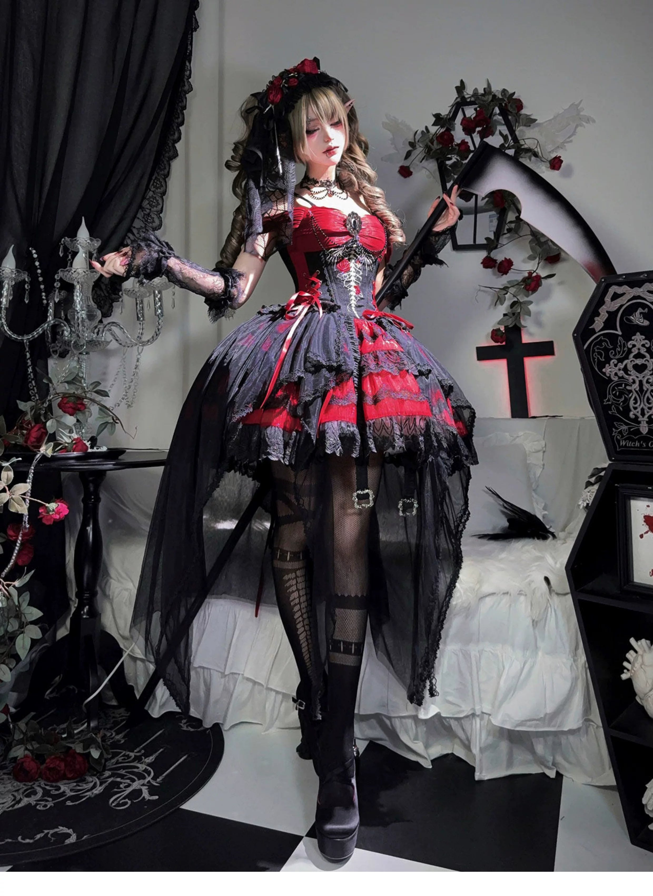 Eternal Thorn of the Dragonbone - Embroidered Gothic Lolita JSK Dress, Off-Shoulder