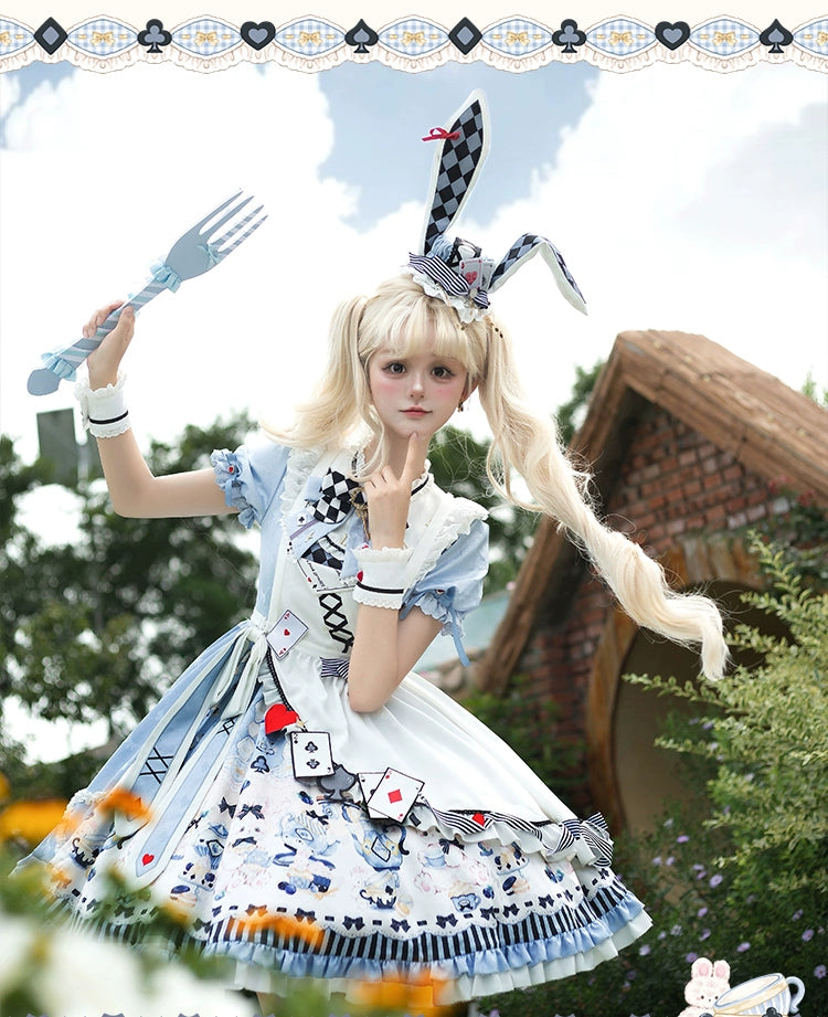 YingLuoFu - Alice - Kawaii Lolita OP Dress, Rabbit & Playing Card Motifs