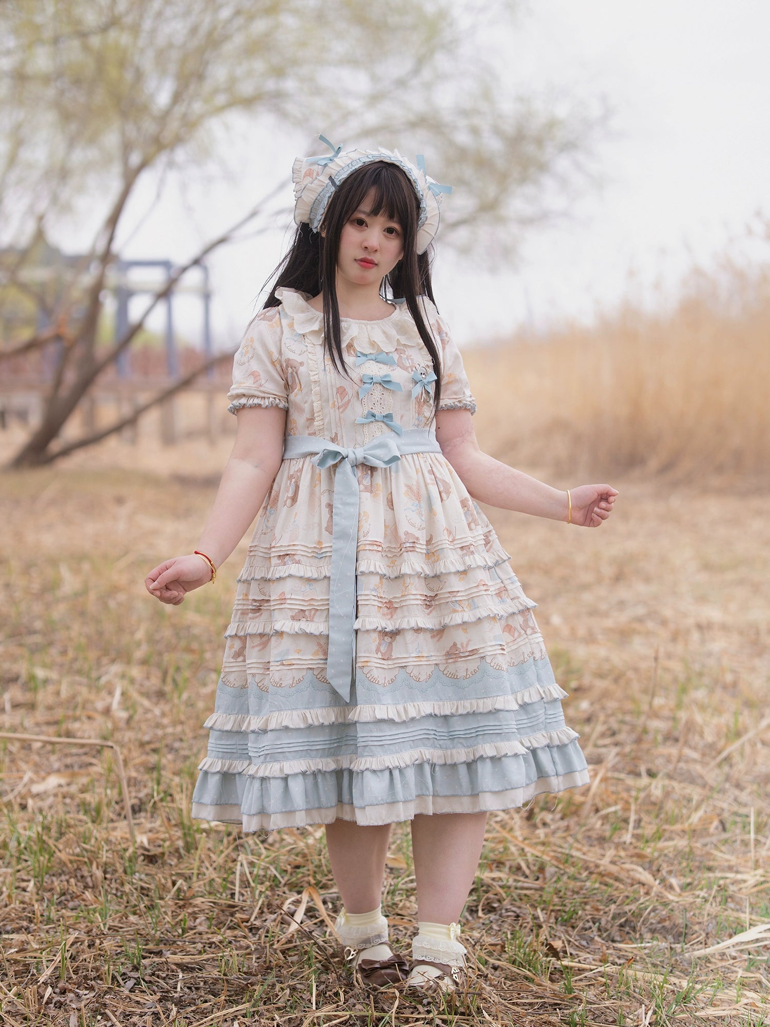 Chubby Cat Diary~Harvest Bear~Plus Size Country Lolita OP Dress with Teddy Bear Print 43201:771421