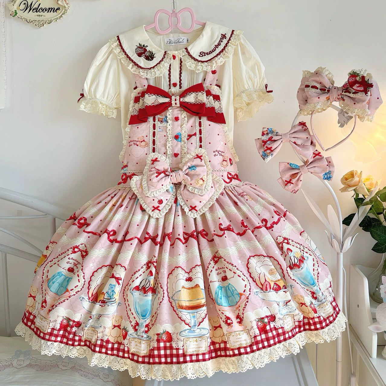 DreamWhale - Showa Dessert Showcase - Kawaii Lolita Dress Suit Pudding-Inspired JSK/Salopette (L M S XL) 43200:771603