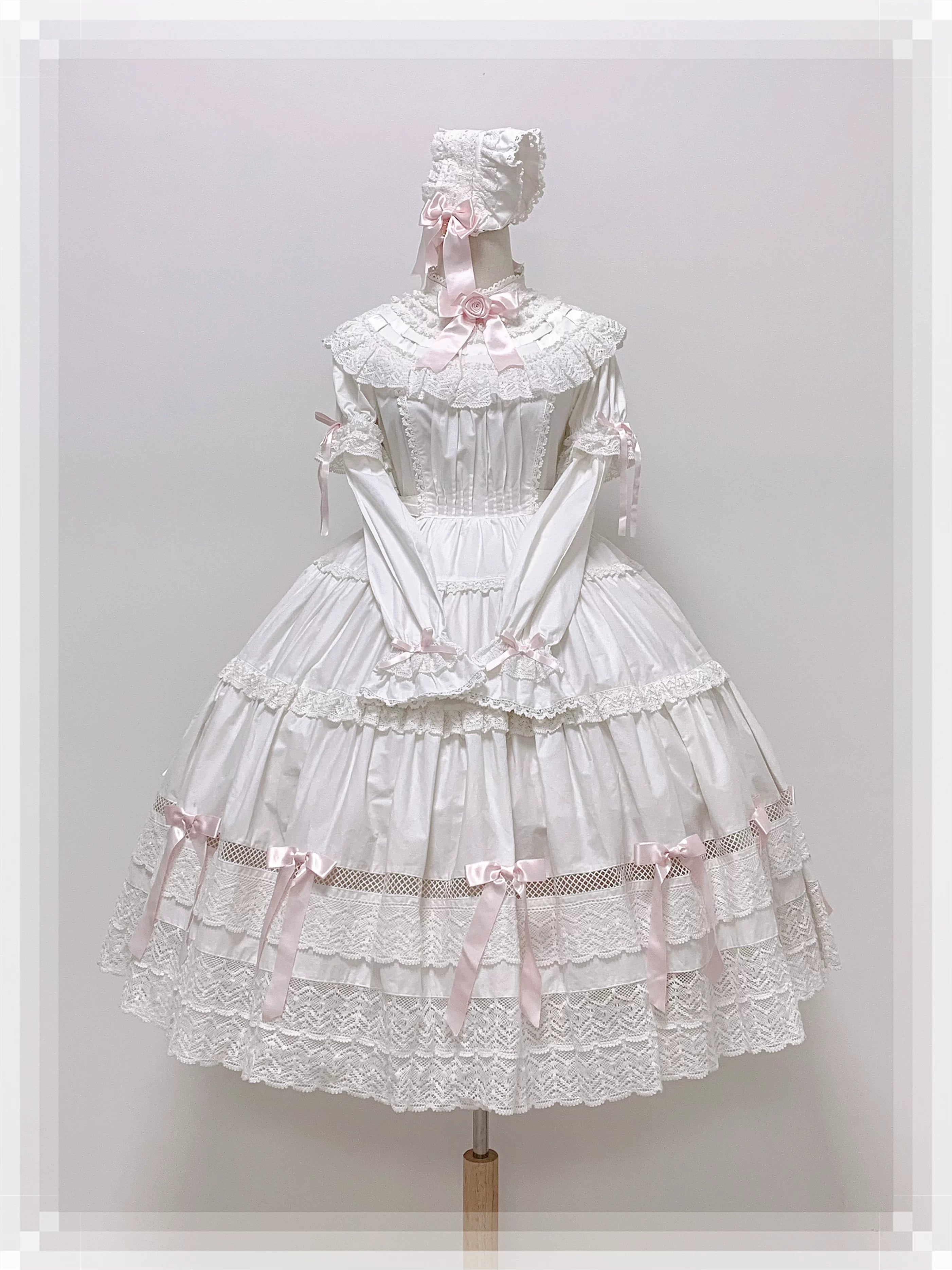 Edelburg Rose - Old School Lolita Cotton OP Dress Set, Detachable Sleeves (L M S XL) 45685:859072