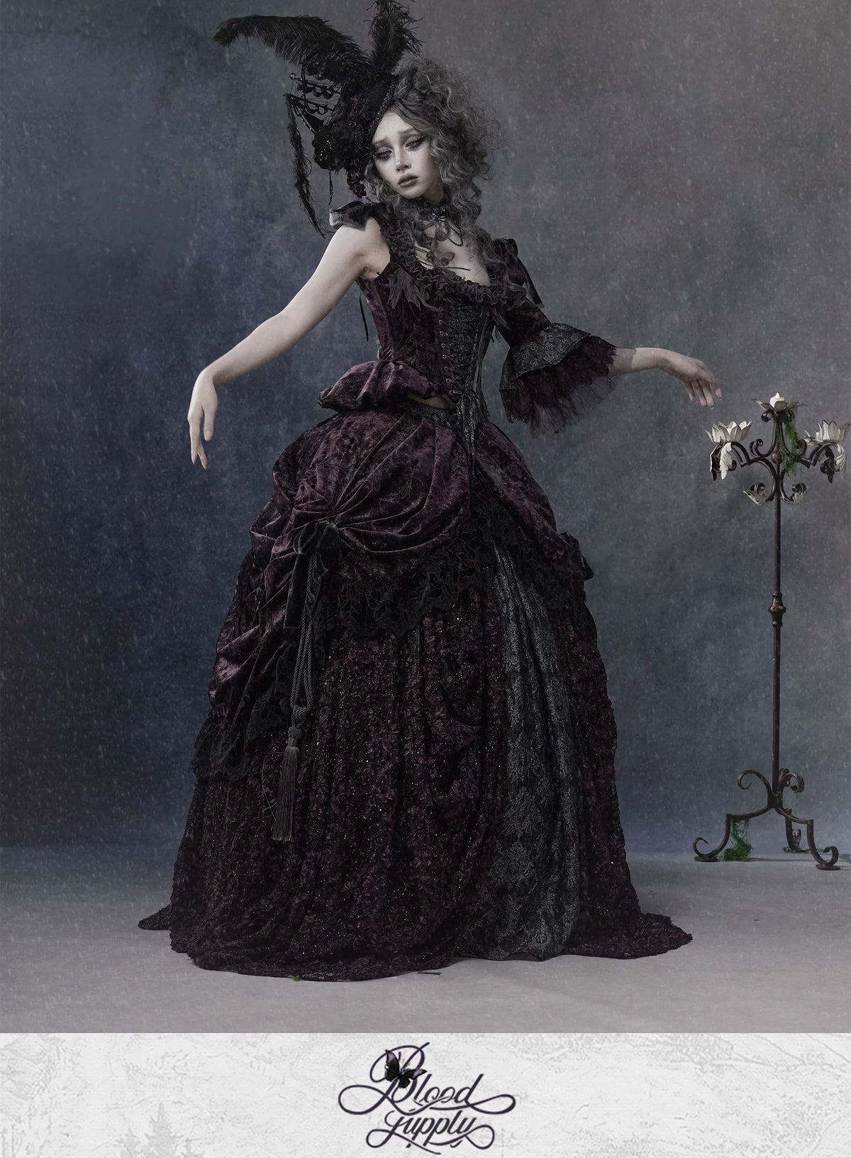 Undead's Gift - Halloween Gothic Lolita Draped Panel Skirt Set, 3D floral lace