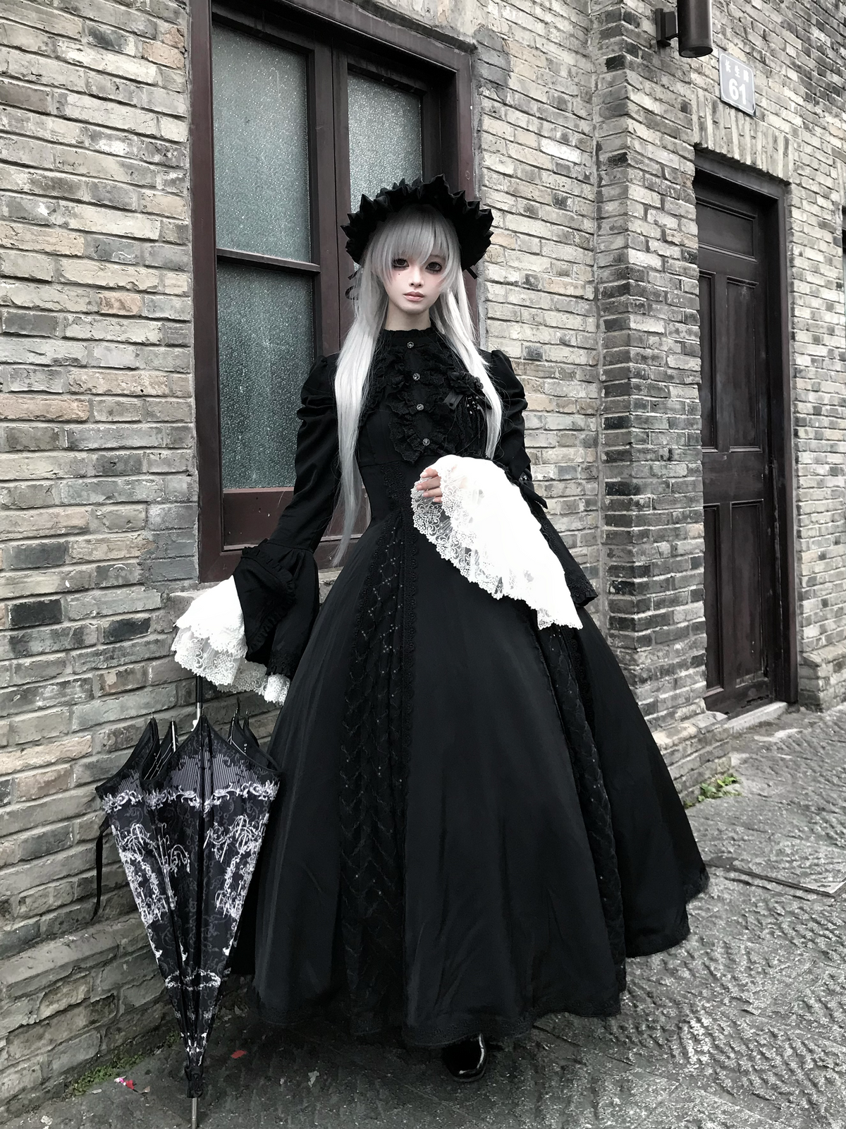 Silver Mist - Halloween Black Gothic Lolita OP Dress, Lace Hime Sleeves