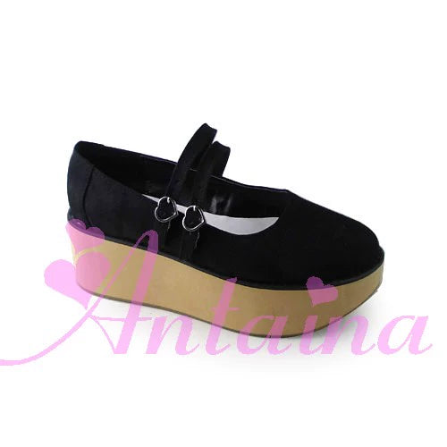(BFM)Antaina~Punk Lolita High Platforms Shoes Lolita Ankle Strap Shoes 37 Black velvet with beige platform (with a heel height of back 7, front 5) 