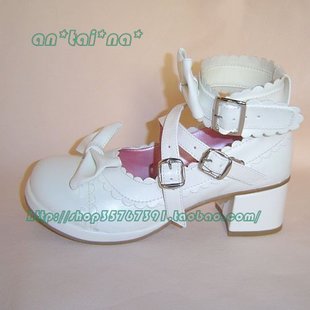 Antaina - Lolita Punk Bow Mid-Heel Multicolor Shoes 36 matte white (heel back 4.5cm front 1cm)