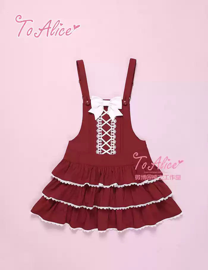 To Alice - Old School Lolita Salopette Suit Tiered Dress Burgundy salopette with white bow S