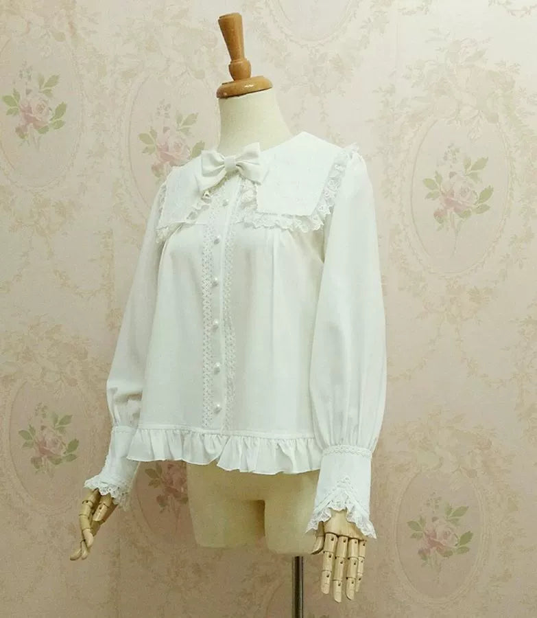 Yilia - Solid Sweet Lolita Shirt, Lace Square Neckline