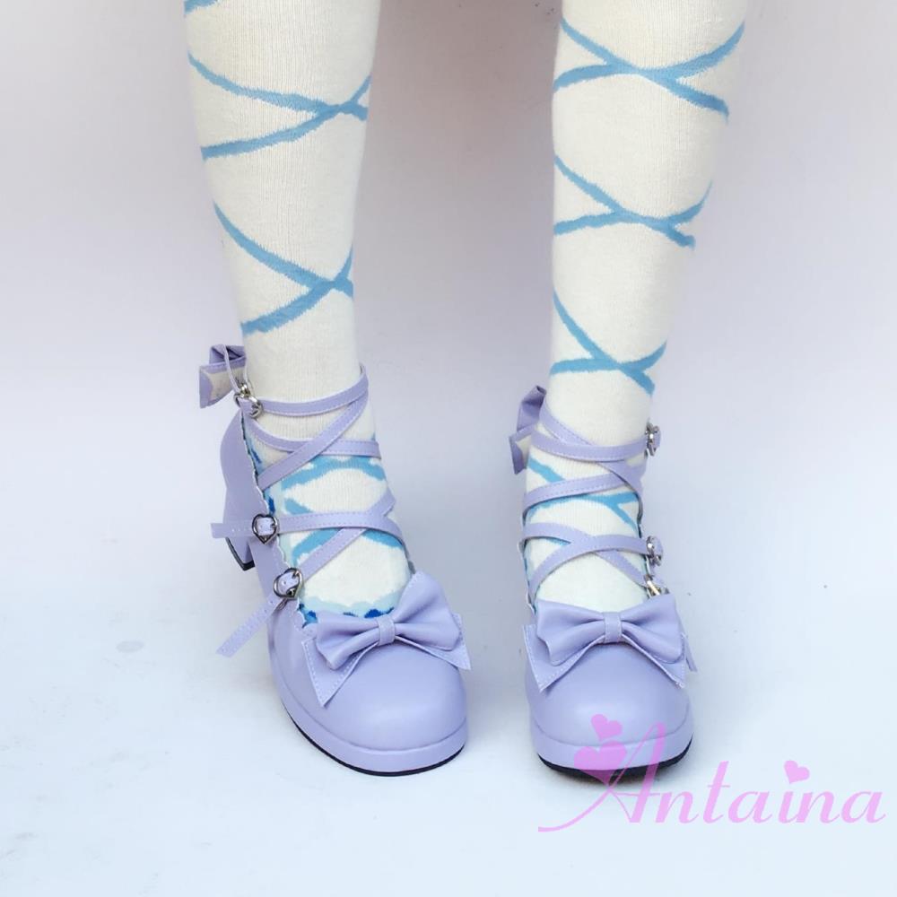 Antaina - Popular Japanese Lolita Bow Strap Multiple Colors 36 purple matte (heel back 4.5cm front 1cm )