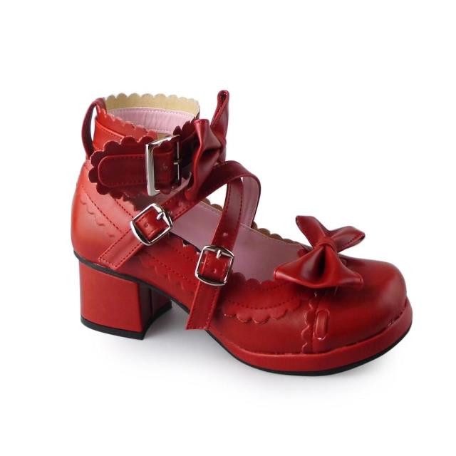 Antaina - Lolita Punk Bow Mid-Heel Multicolor Shoes 36 matte red (heel back 4.5cm front 1cm)