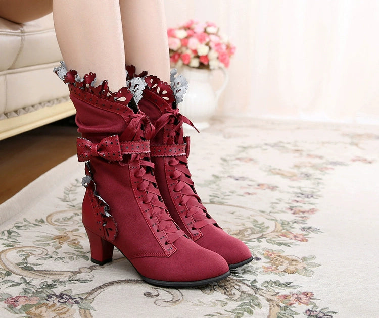 Sosic - Meteorite's Wound - Winter Gothic Lolita Boots Dark Velvet Mid-Calf Heels Wine red (velvet lining for Winter) 35