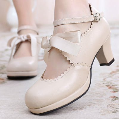 Sosic - Qing Mengnuo - Elegant Lolita Satin High Heel Handmade Shoes beige/apricot color 33